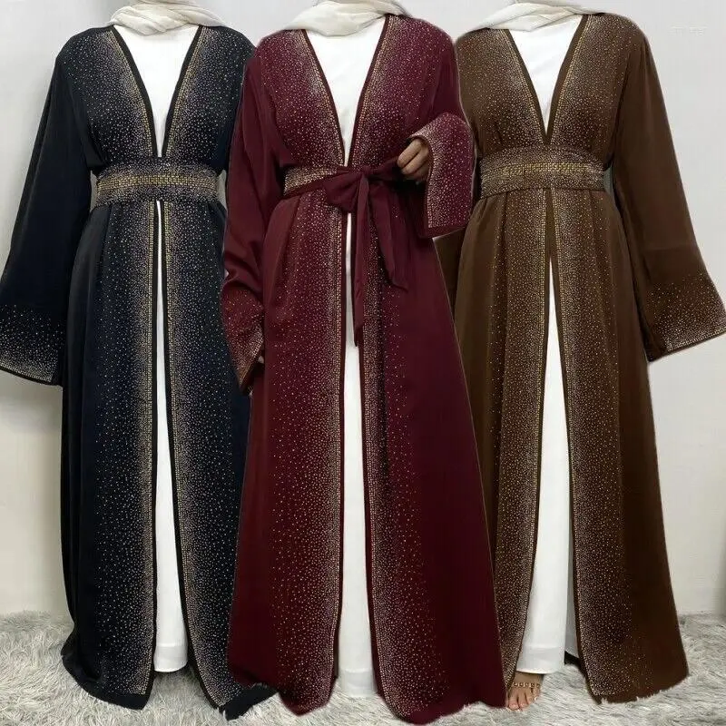 Vêtements ethniques Luxe Sparkle Ouvert Abaya avec diamant Dubaï Style Robe de soirée Turquie Musulman Islamique Kimono Manches Cardigan Outwear