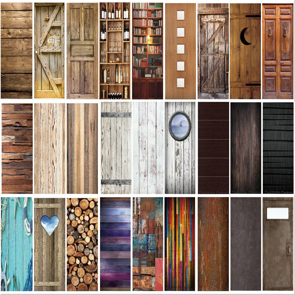 Stickers Self Adhesive PVC Wood Grain Full Door Cover Sticker Wallpaper Natural Retro Wooden Bedroom Out Door Decorative Mural Poster