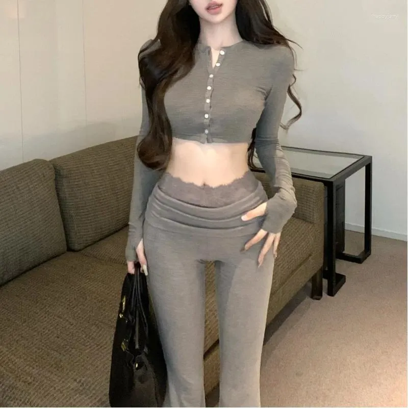Pantalon femme 2024 printemps coréen dentelle épissage sexy mince jambe large femmes couleur unie décontracté t-shirt à manches longues costume deux pièces