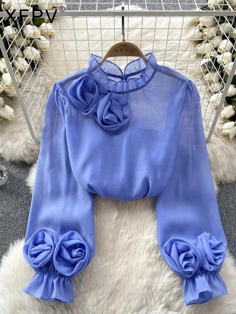 Women's Blouses XFPV Women Loose Three-dimensional Flower Blouse Fashion Stand Collar Puff Sleeve Shirts Spring Summer 2024 SM10311