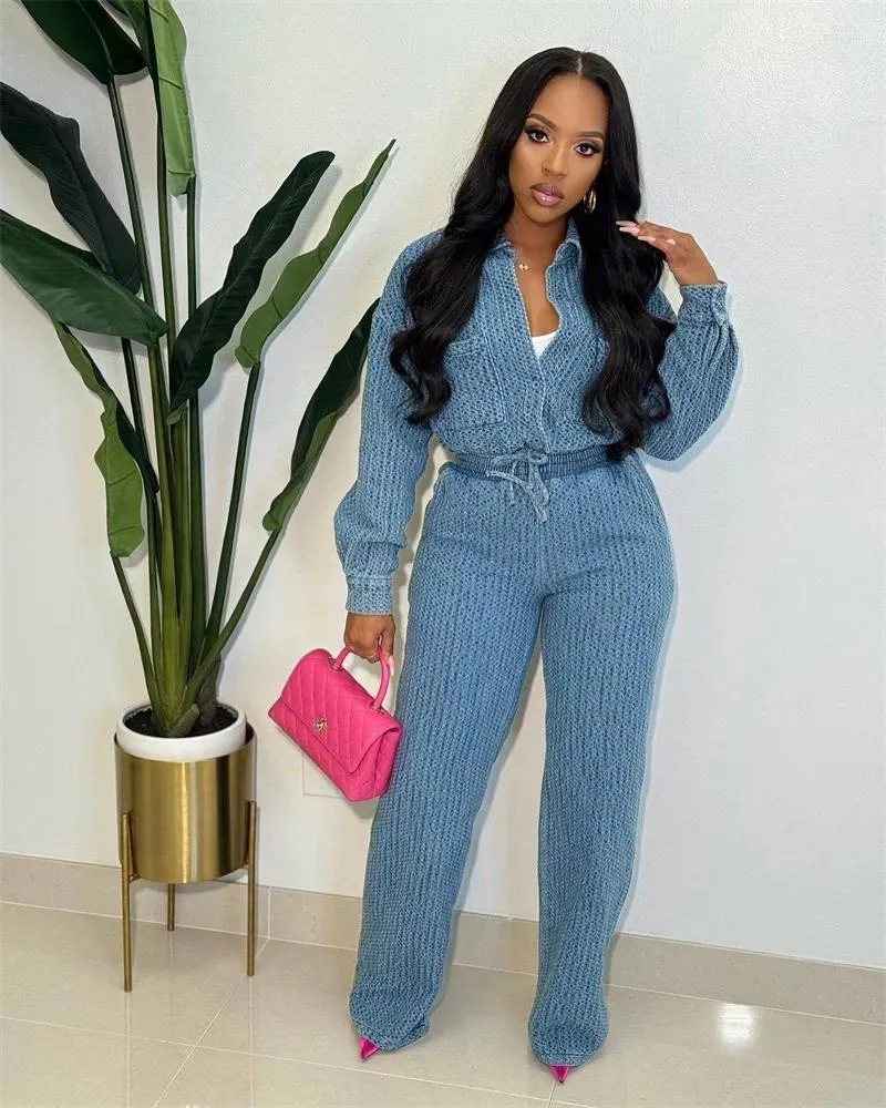 Women's Two Piece Pants Znaiml Blue Long Sleeve Single-breasted Jacket Top And Wide Leg Denim Set Women Jeans Outfits Birthday Clubwear