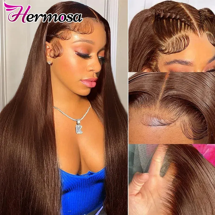 Hermosa 13x4/13x6 Chocolate Brown Brazilian Straight Lace Frontal Wigs Hd Transparent Lace PrePlucked Colored Human Hair Wigs 240312