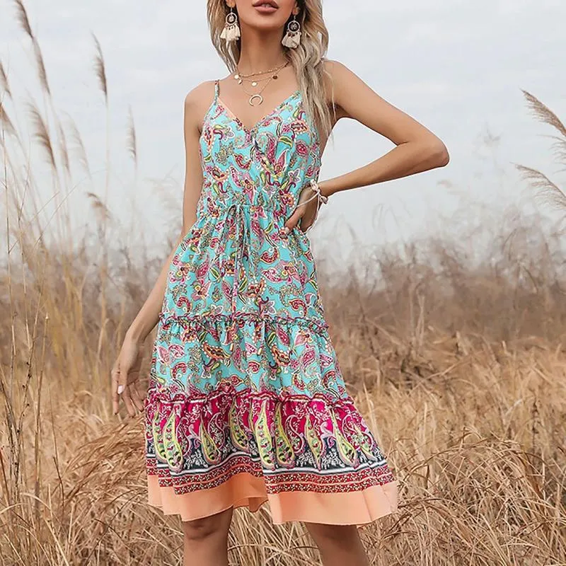 الفساتين غير الرسمية للسيدات الأزياء الأزهار الطباعة البوهيمية فستان الصيف ضد الرقبة أكمام كاميسول فضفاضة الدانتيل حتى الكشكشة ميدي
