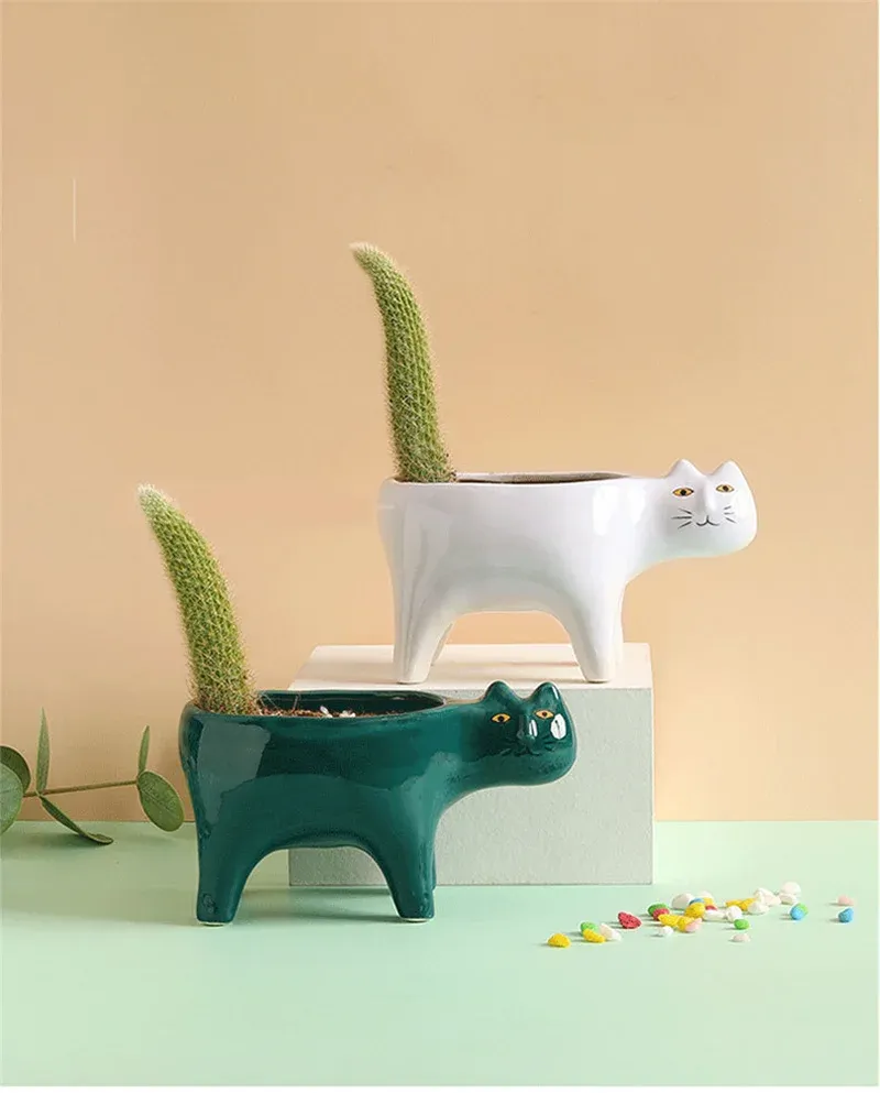 Fioriere Simpatico gatto Vaso da fiori da giardino in ceramica Immagine di animali Cactus Piante Fioriera Contenitore per piante grasse Decorazione da tavolo Ornamenti