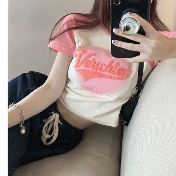 T-shirt a spalla intera con lettera d'amore per ragazza dolce e piccante per donna estiva nuova vestibilità slim stile corto top a maniche corte slim con ombelico esposto alla moda