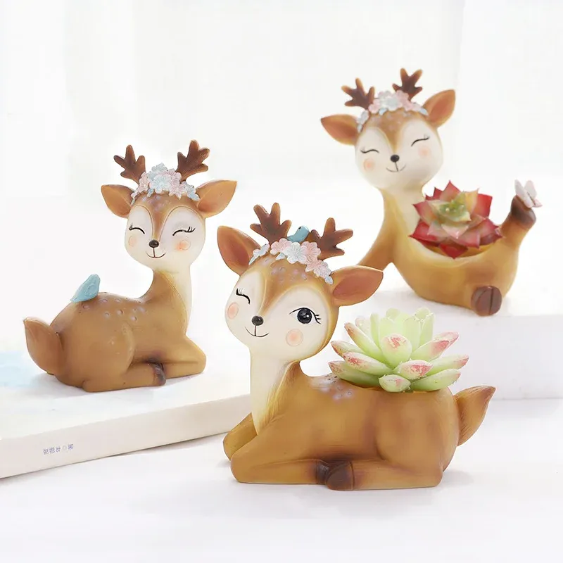 Planters Cartoon Deer Flower Pot Succulent Plant Pot Sika Deer Creative Animal Planter Fairy Garden Ornament Home Desktop Decoration Gift