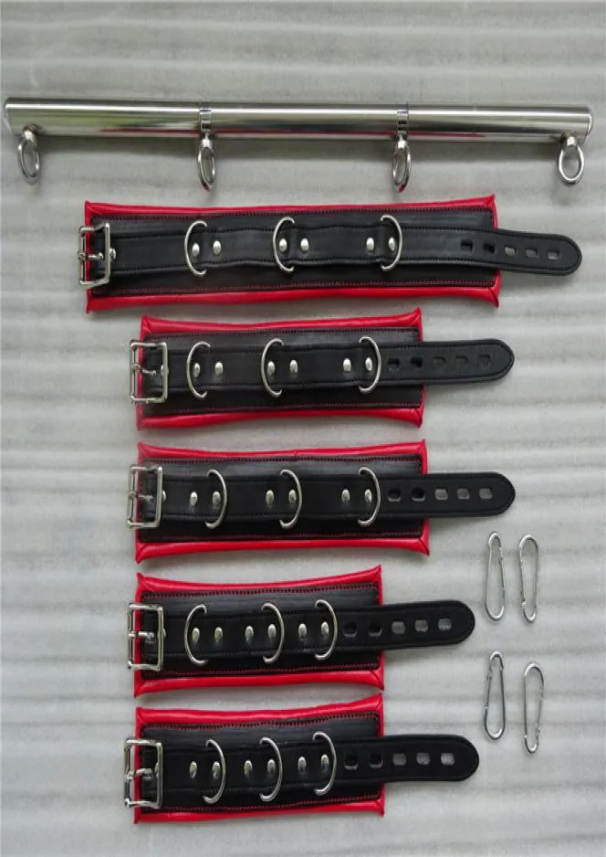 BDSM Bondage Stainless Steel Metal Spreader Bar Leather Kit Neck Collar Handcuffs Ankle Cuffs SM Sex Slave Restraint Toys for Coup5383613