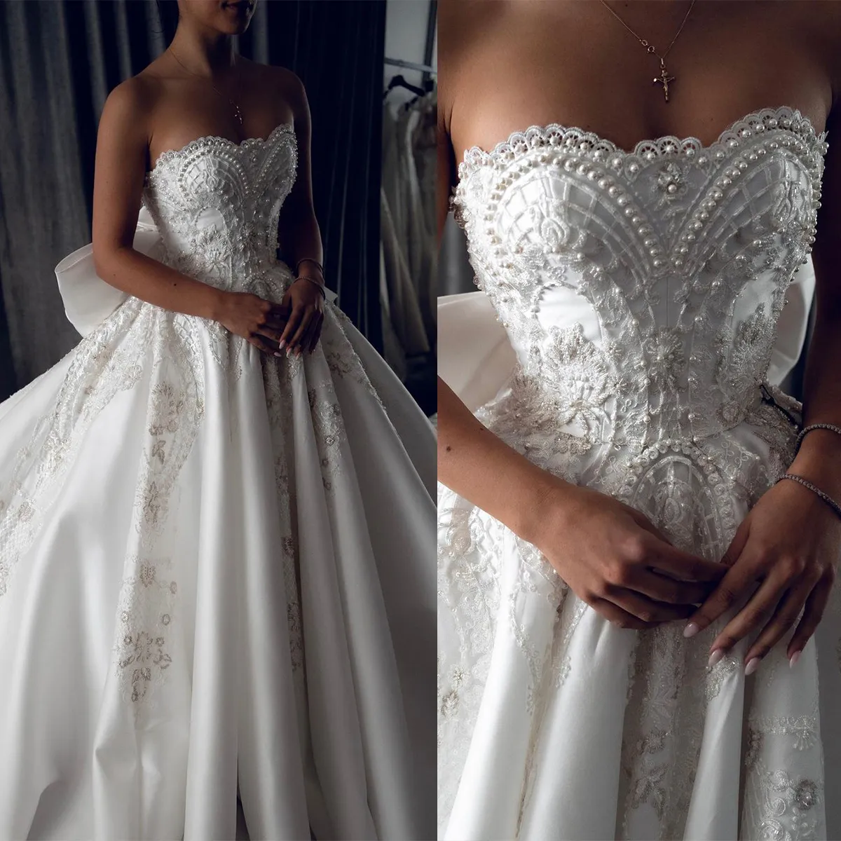 Elegant A Line Women Wedding Dress Strapless Sleeveless Bridal Gowns Appliques Pearls Sweep Train Dress Custom Made vestidos de novia