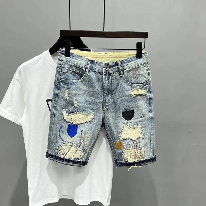 Collectie Zomer Gewassen Heren Casual Denim Shorts Stijlvolle Kat WhiskerCowboy Ripped Distressed Patched Skinny Korte Jeans 240313