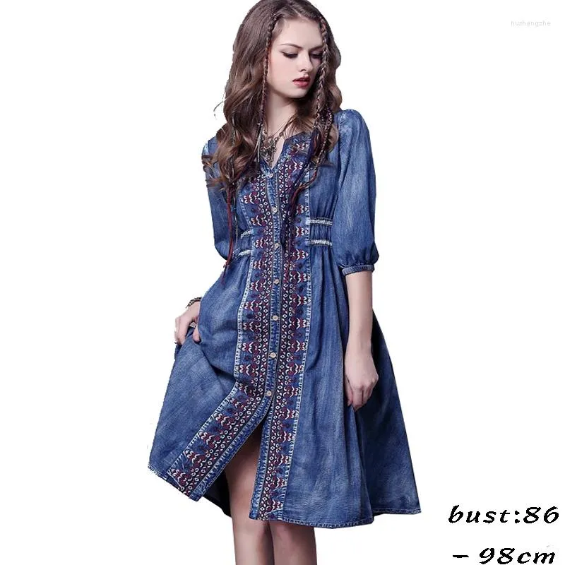 Vestidos casuais de alta qualidade longo denim vestido para mulheres meia manga retro bordado algodão 2024 verão senhora elegante roupa vintage azul