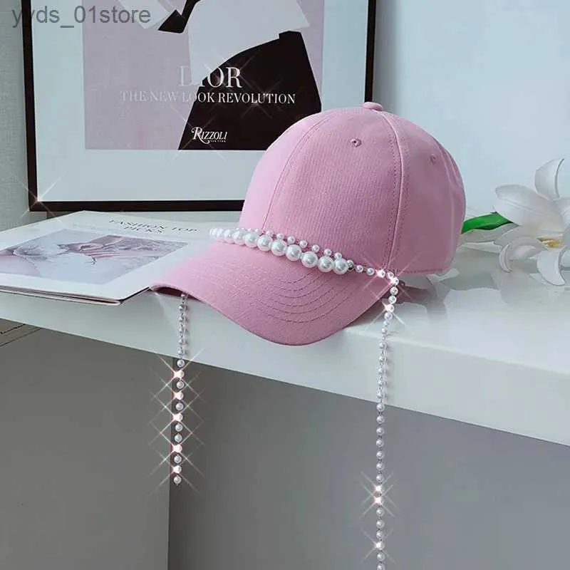 Top Caps 202309-2508910 Ins Chic Pearl Zinciri Grace Pembe Pamuk Kumaş Eğlence Moda LA Beyzbol Şapkası Kadın Vizörleri C L240314