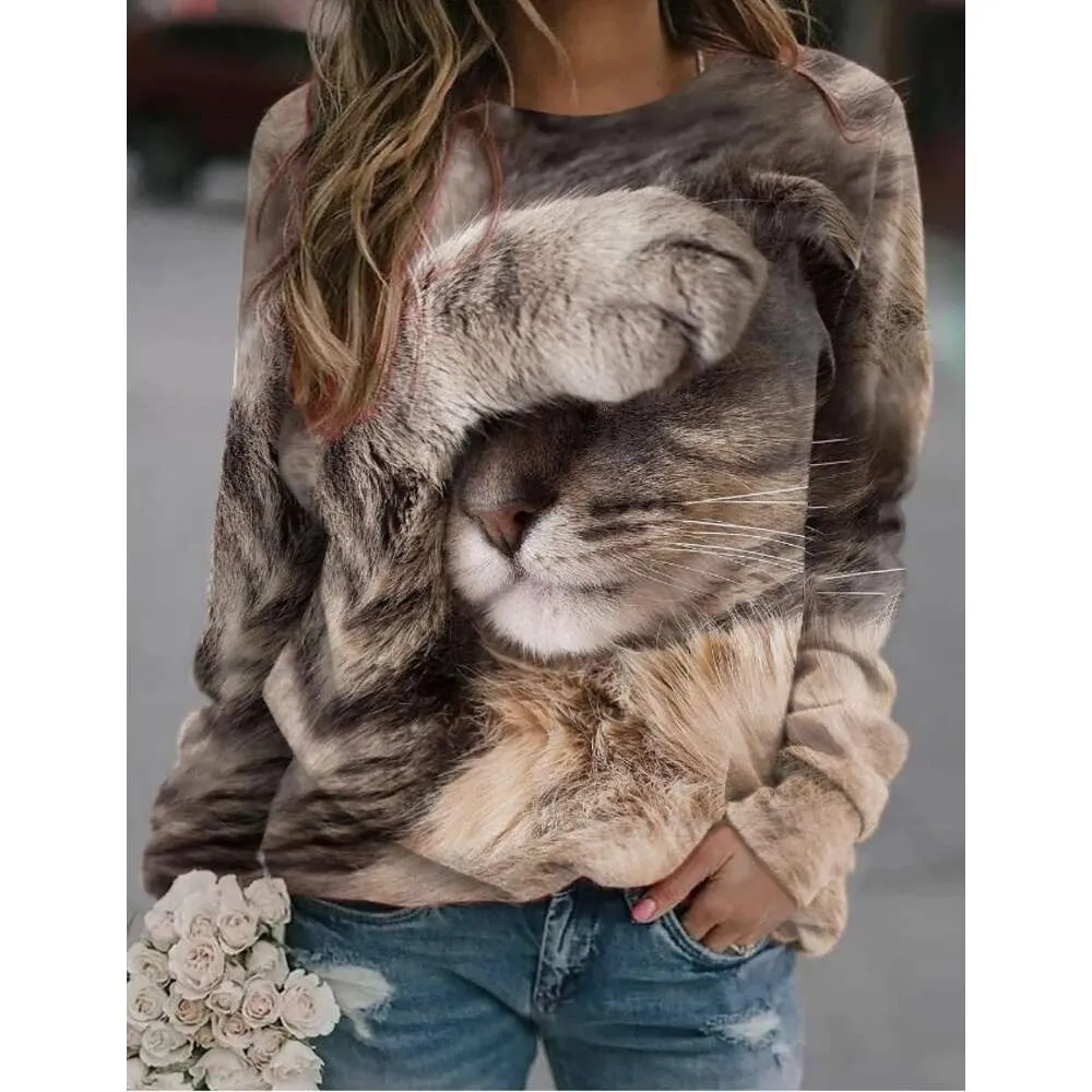Designer women's hoodie Spring and Autumn 2024 New Thin Cat Print Round Neck Casual Womens Pullover Long Sleeve Sweater Men's Fashion T-shirt sweatshirt clothesY46Z