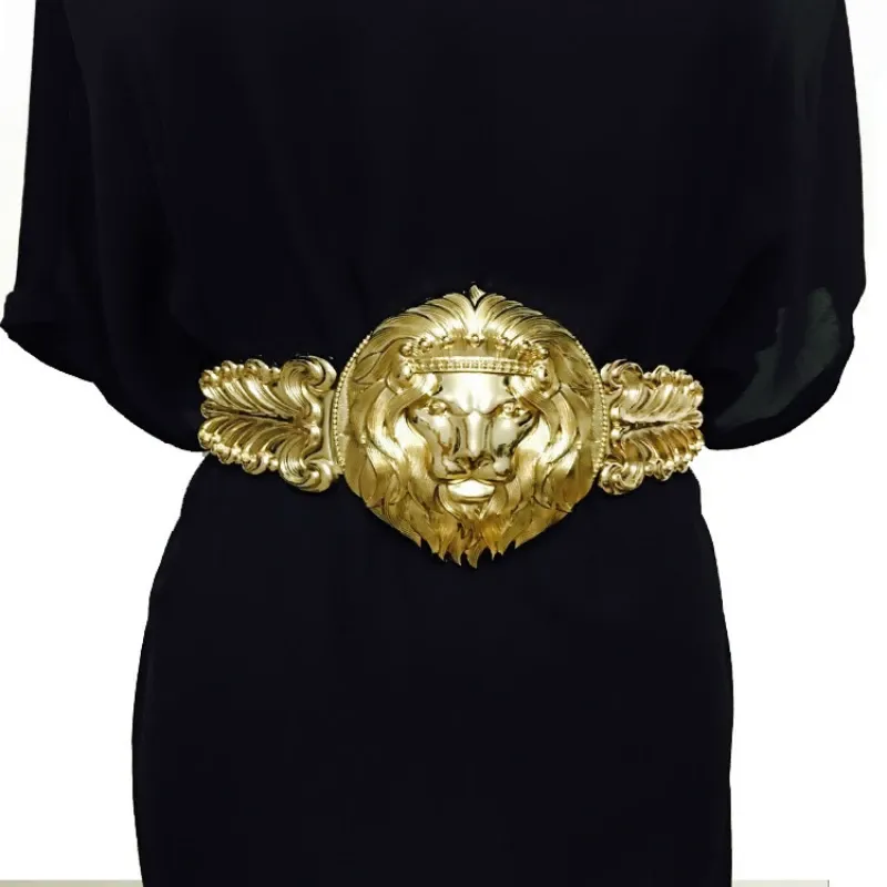 Sacos atacado ouro leão cabeça cinto moda feminina metal obi feminino marca designer feminino elástico cinta vestidos