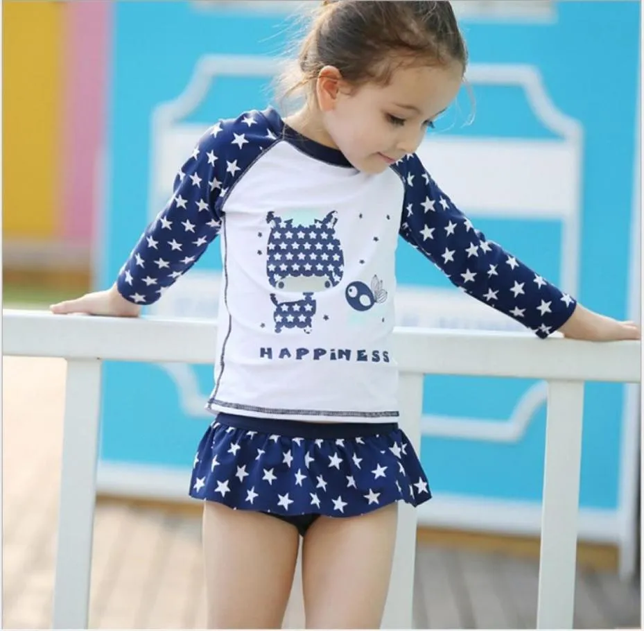 2018 Baby Girls Summer Swimwear Kids Stars Printed Cartoon Swimsuit Baby Long Sleeve Tshirt TopsTutu Skirt Hat 3pcs set Girl Sw7002899