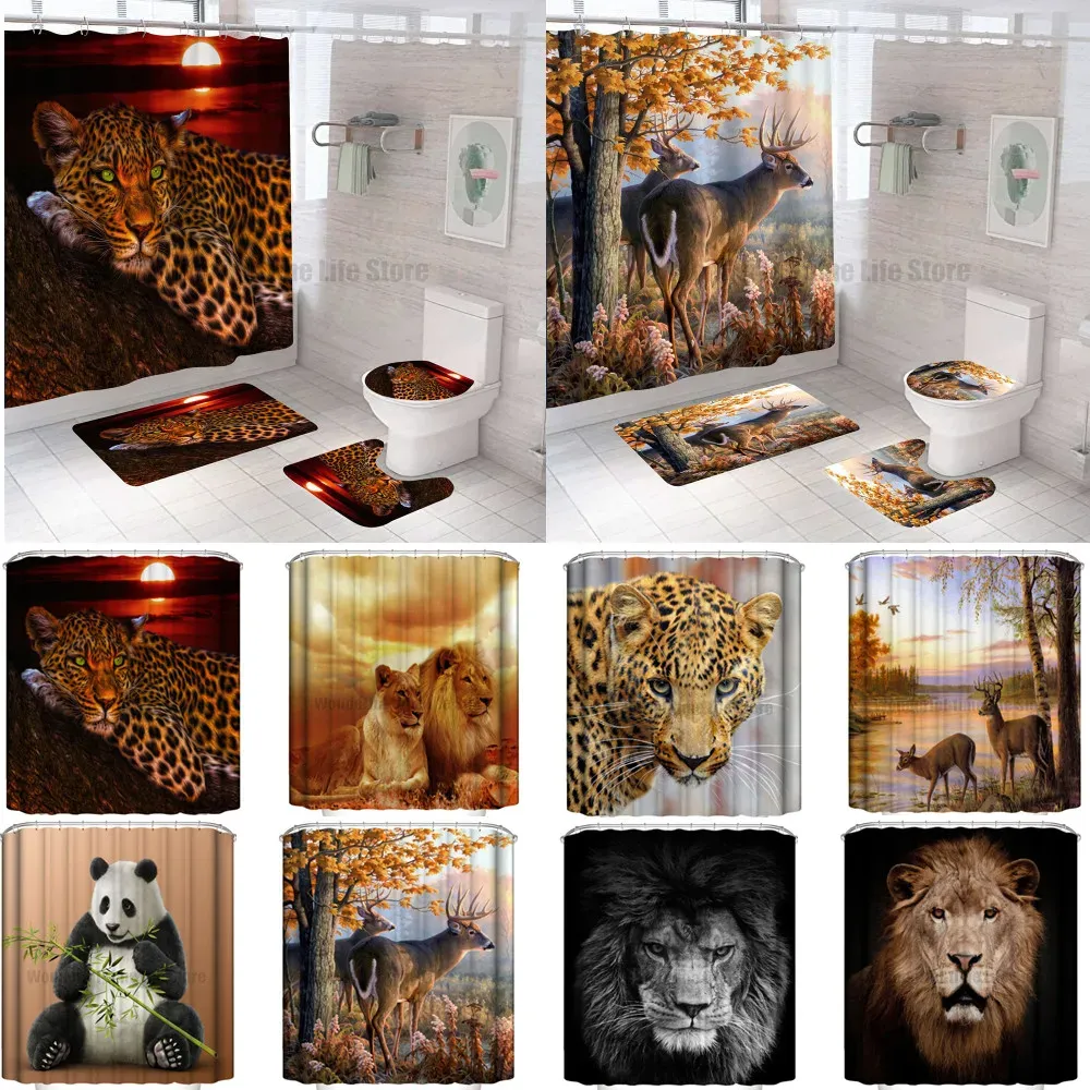 Gordijnen 3D Afrikaanse luipaard Lion Tiger Shower Gordijn Set Wild Animal Waterproof Bad Gordijn Toiletdeksel Cover niet -slip tapijt Home Decor