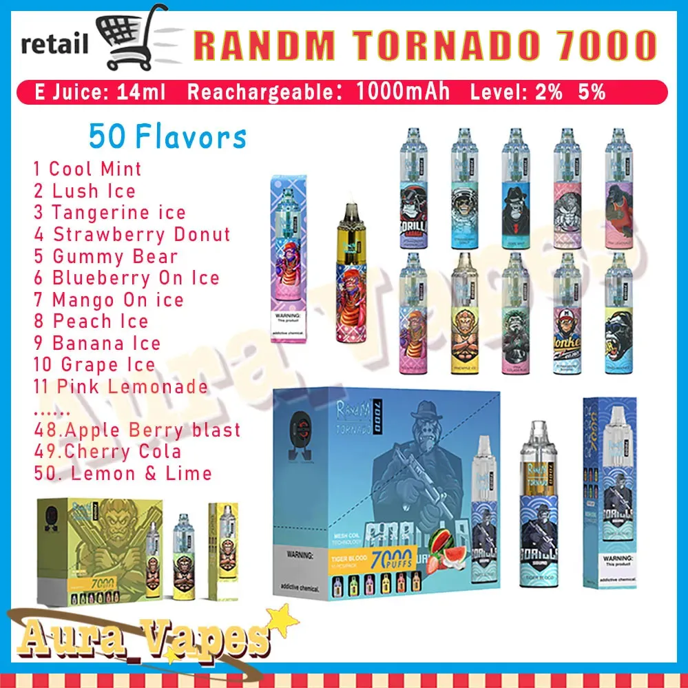 100% оригинал RandM Tornado 7000 Puffs 2/5% Устройство для электронных сигарет с предварительно заполненной сетчатой катушкой на 14 мл. Управление воздушным потоком. Перезаряжаемые одноразовые вейпы. Никаких налогов. VS 9000 7K 9K.