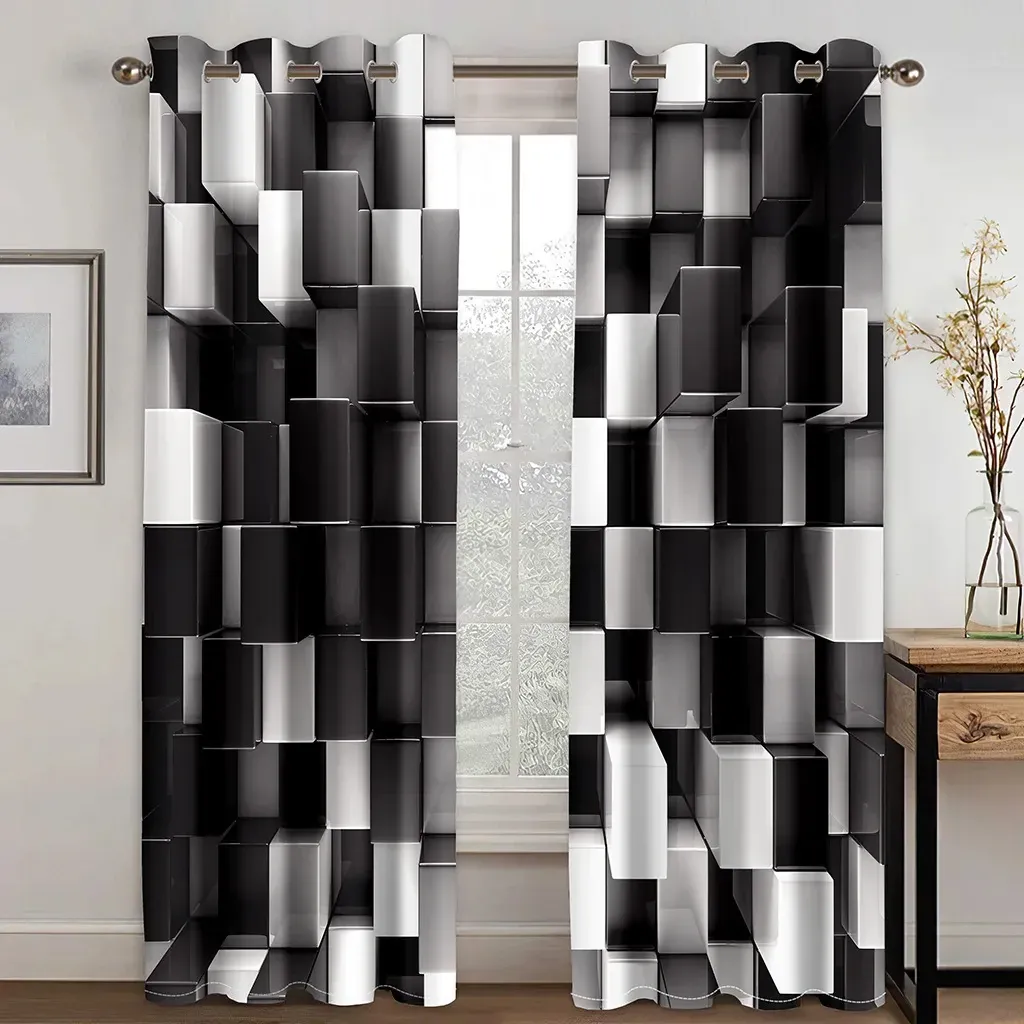 Gordijnen Zwart Wit Abstract Geometrische Blokken Kubus Rode Gordijnen Voor Woonkamer Kinderen Slaapkamer Badkamer Kicthen Deur Thuis Decor2 Stuks