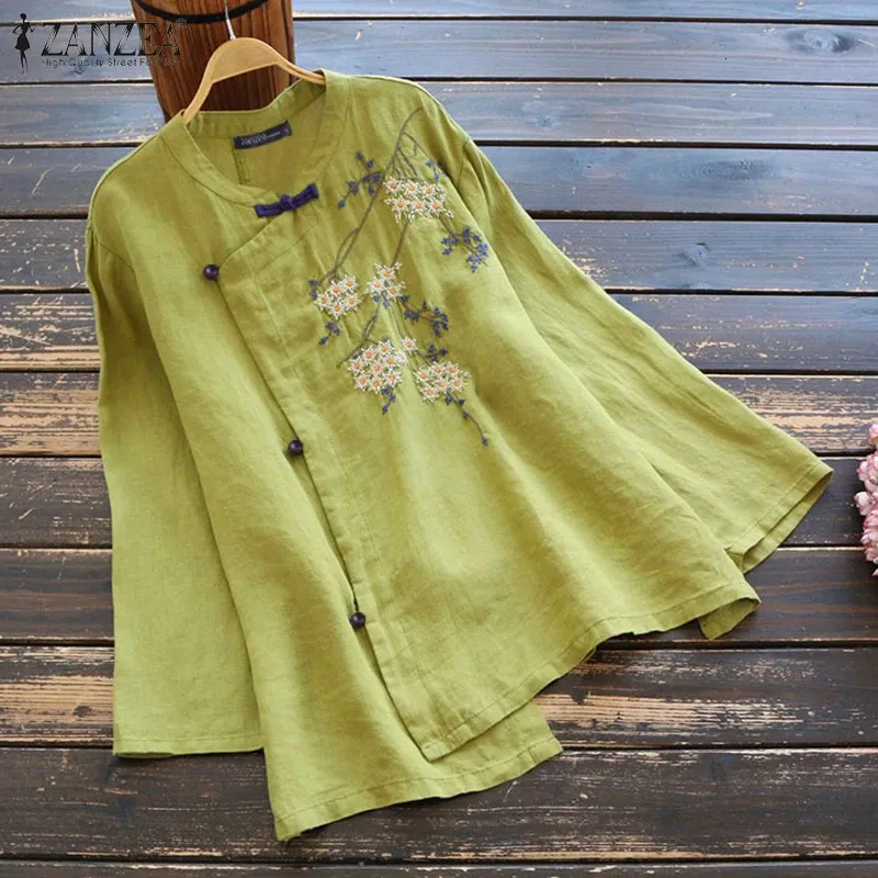 Zanzea moda kwiatowe koszule kobiety haftowe bluzka z długim rękawem żeńska tunik kwiatowa żeńska swobodne nieregularne bluzki plus rozmiar 240219
