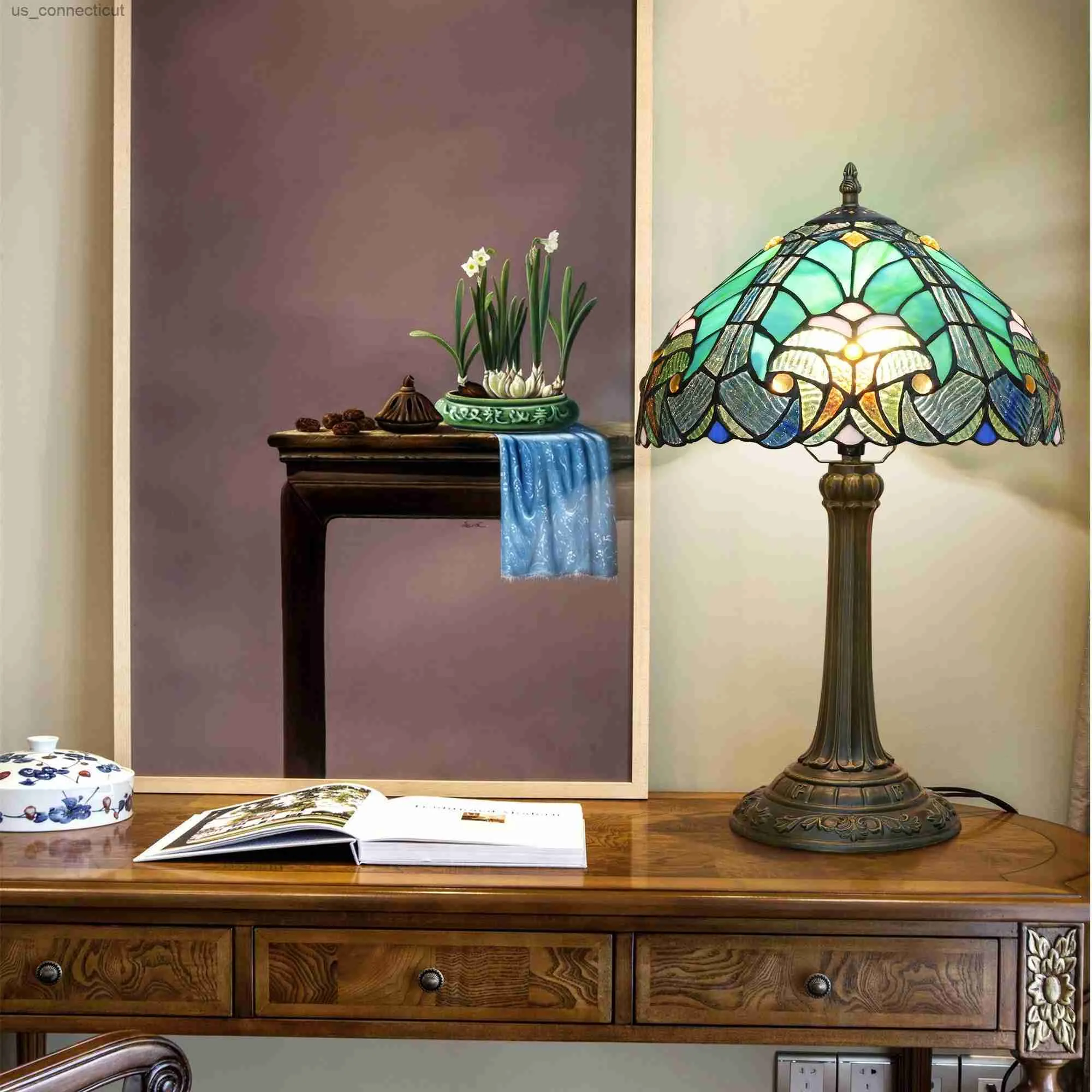 Table Lamps 1pc 12 30CM Stained Glass Table Light Creative Pastoral Green Blue Lotus Personality Decoration Bedroom Bedside Lamp Bar Table Lamp Gift Lamp Vinta