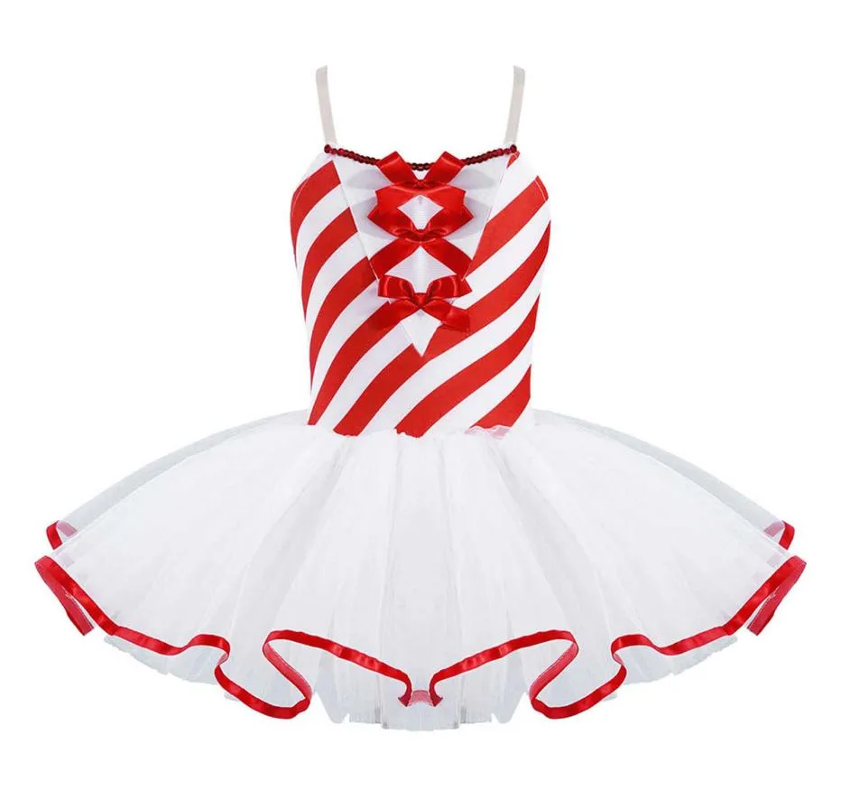 Платье-пачка без рукавов с регулируемыми бретелями и бантом в полоску, детское платье для гимнастики для девочек, платье для катания на коньках, рождественский танцевальный костюм G105953570
