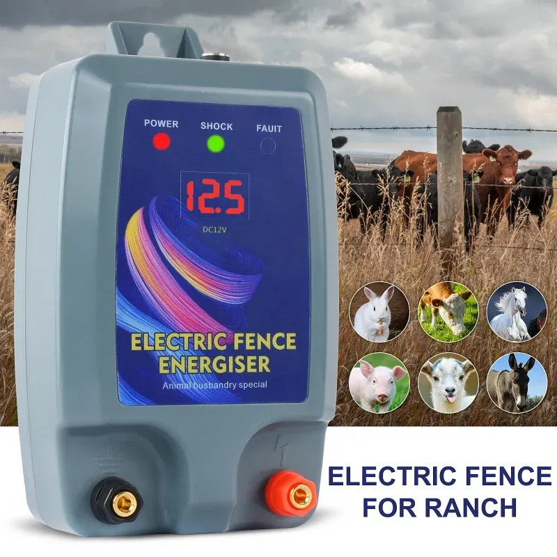 Tillbehör 10 km Elektrisk herde för nötkreaturdjur Farm Electric Fence Energizer Livestock LCD Panel Charger High Voltage Pulse Control