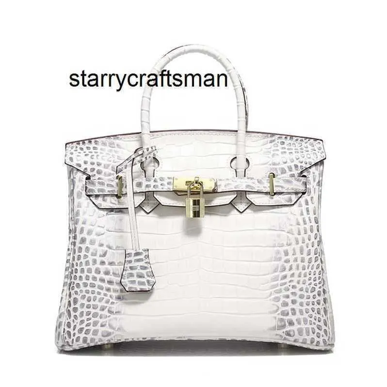 Women Genuine Leather Handbag L New Crocodile Pattern Bag Genuine Leather Women's Fashion Top Layer Cowhide Big Himalayan White R2MQ