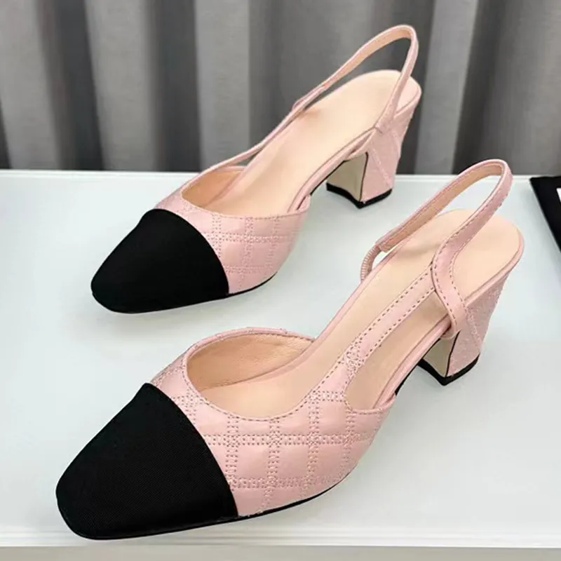new arrive women slingback chunky heel sandals runway luxury designer classic high quality genuine leather suture pattern spring summer dress shoes for women