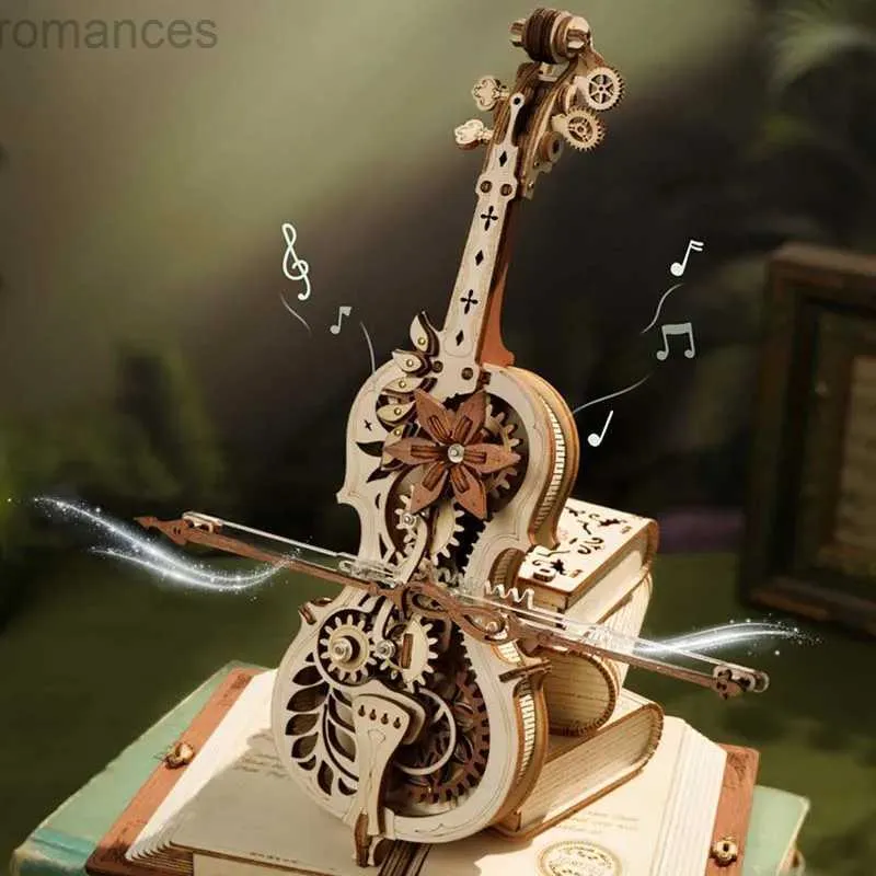 3D Puzzles Diy Cello Music Box Wood Building Blocks Game Handmade Puzzle Girls Xmas Födelsedagspresenter Kids Vuxen Creative Toys Kawaii 240314