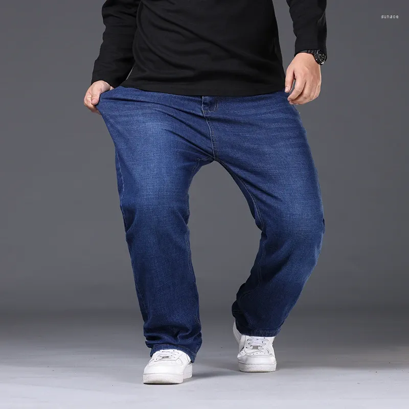 Мужские джинсы, повседневные брендовые мужские джинсы, большие размеры 48, 50, 300 кг, деловые брюки, эластичные свободные прямые длинные брюки 5XL, 6XL, 7XL