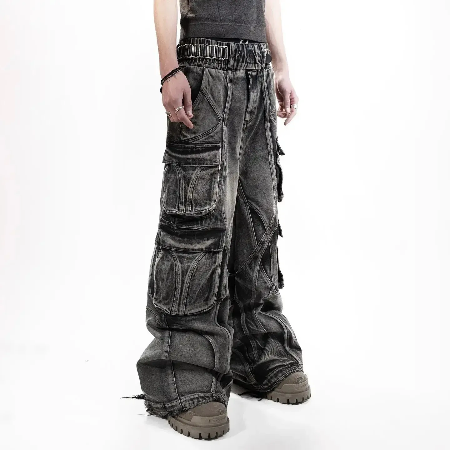 Goth Punk Ripped Retro Y2K Cargo Pants Hip Hop Distressed Baggy Jeans for Men Rock High Waist Wide Trousers Clothing Streetwear 240309