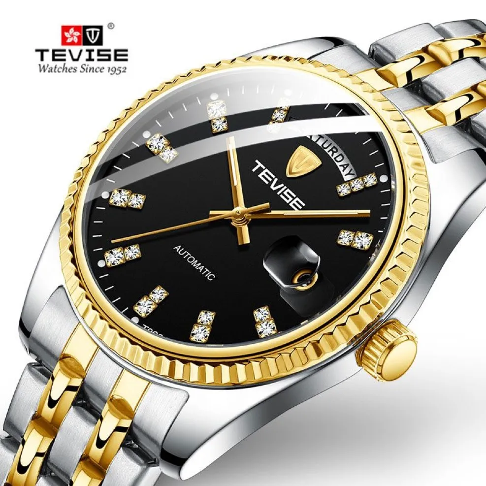 Tevise, reloj mecánico automático dorado de lujo para hombre, reloj de pulsera de acero inoxidable con fecha para negocios, reloj Masculino304Z