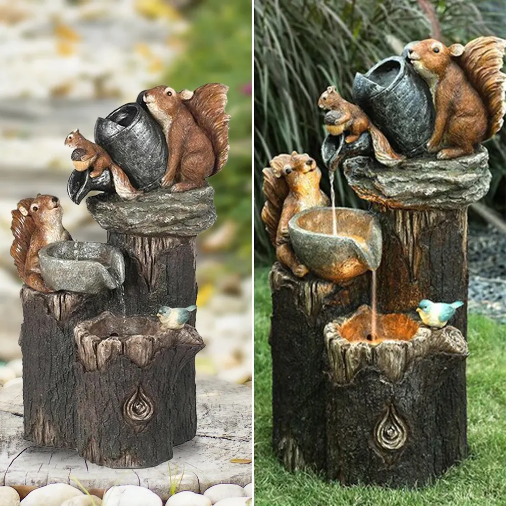 Sculptures Solar Animal Fountain Garden Statue Ornaments Resin Duck Squirrel Fountain Figurines Handicrafts Landscape Decor Gardening Gifts