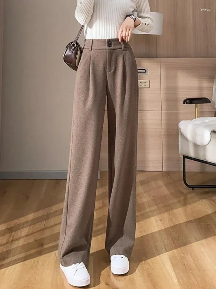 Women's Pants Chic Woolen Wide-leg Women Fall Winter 2024 Elastic High-waisted Trousers Female Vintage Thick Slim Fit Straight Pant