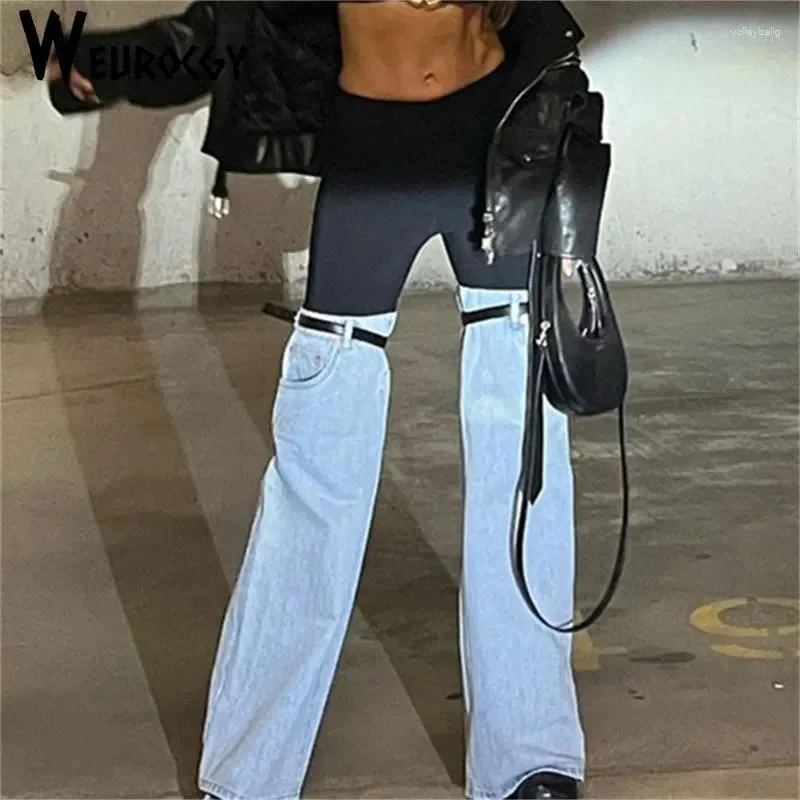 Jeans Femme Femmes Pantalons Capris 2024 Printemps Style Denim Cousu Taille Haute Droite Mode Lâche Personnalité Longue Dames Pantalon