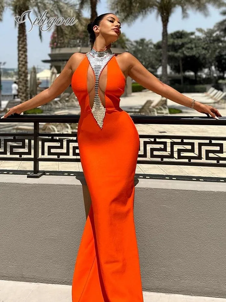 Casual Kleider Ailigou 2024 Sommer Frauen Orange Sexy Luxus Pailletten Ärmel Hohl Lange Verband Kleid Elegante Promi Party