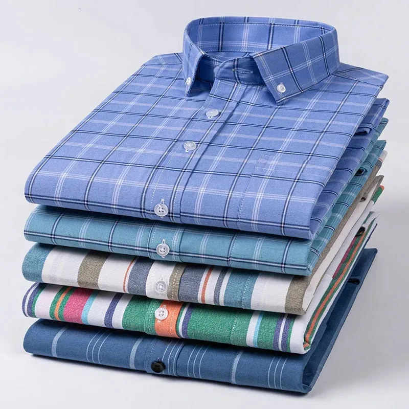 Koszule z długimi rękawami Mężczyźni Slim Fit Formal Plain Shirt Striped Plaid Slingle Pocket Topsitems Ubrania 240229