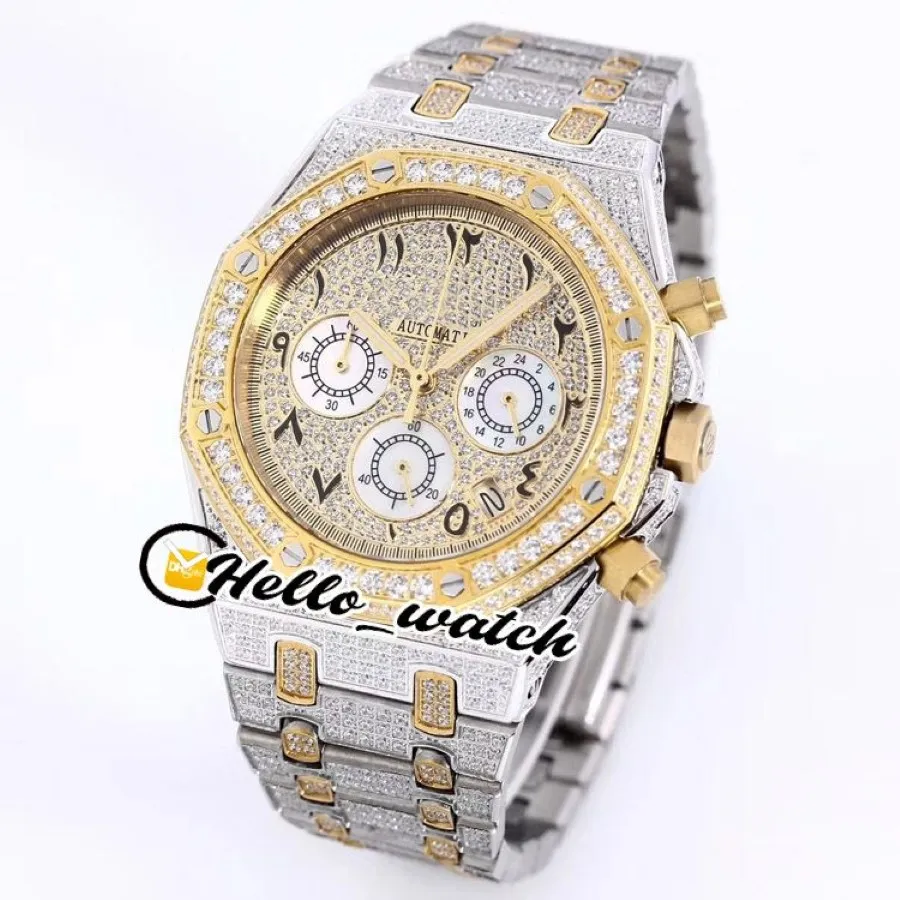 Montres diamantées entièrement glacées pavées de deux tons en or jaune chiffres arabes marqueurs cadran VK Quartz chronographe montre pour homme Sport Hello 299S