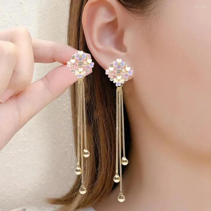 Stud Earrings 1 Pair Women Hanging 3D Clover Shape Tassel Faux Crystal Electroplated Anti-allergy Lightweight Ear Decoration Jewelry