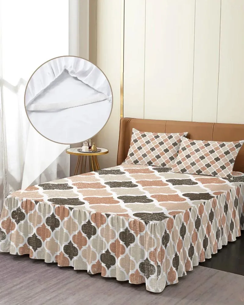 ベッドスカート幾何学的茶色のヴィンテージモロッコ弾性装備ベッドスプレッドマットレスカバーベッドセットシート