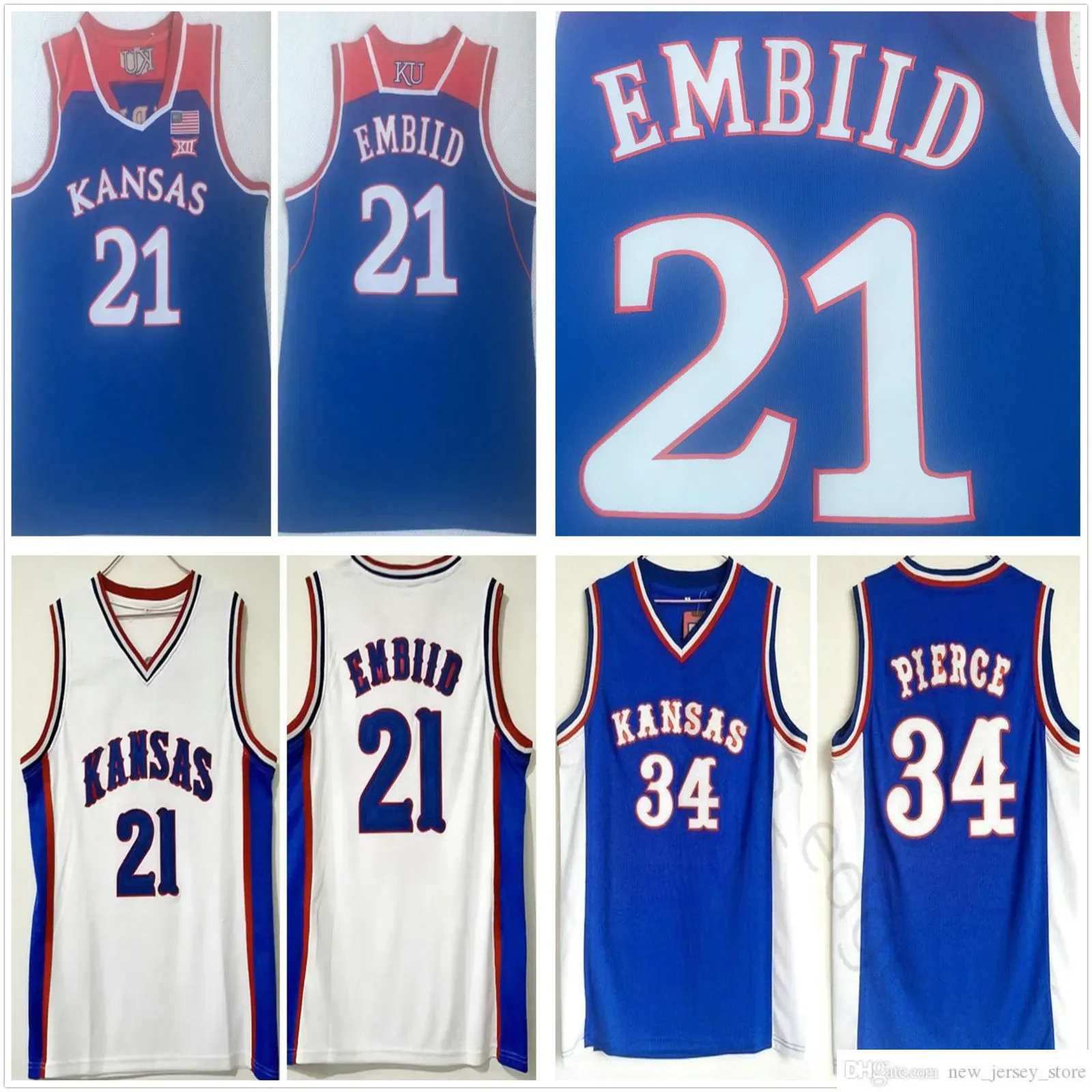 Zszyty NCAA Kansas Jayhawks College Basketball Jerseys Joel 21 Embiid Vintage Paul 34 Pierce Jersey Blue Shirts S-2xl