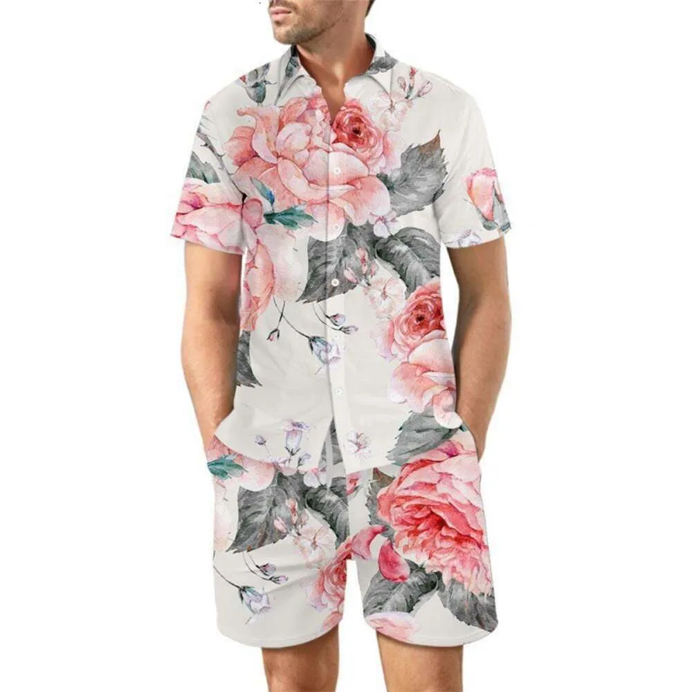 Designer Suit European Mens Casual Loose Shirt Set Hawaii Digital Print Beach Short Sleeve Shorts Uaq5