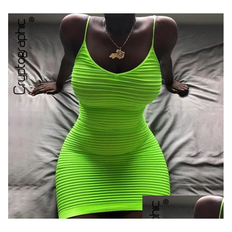 Gatastilklänningar Cryptographic Neon Green Fashion Ruched Spaghetti Strap Women039s Dress Bodycon Summer Y STEnveless Mini Dresses Dhmre
