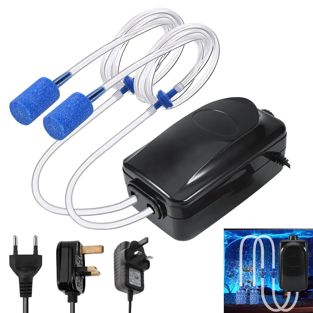 Tillbehör 3.5W 8W 12W Ultra Silent Aquarium Air Pump med Dual Outlet Justerbar Fish Tank Oxygen Pump Mini Compressor Accessories 220V