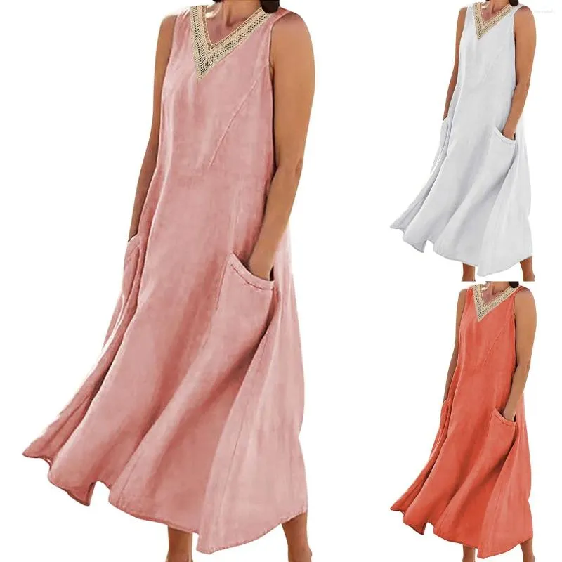 Casual Dresses Women Summer Bohemian Beach Dress Sleeveless Lace V Neck Long Pockets Maxi For Elegant 2024 Vestidos