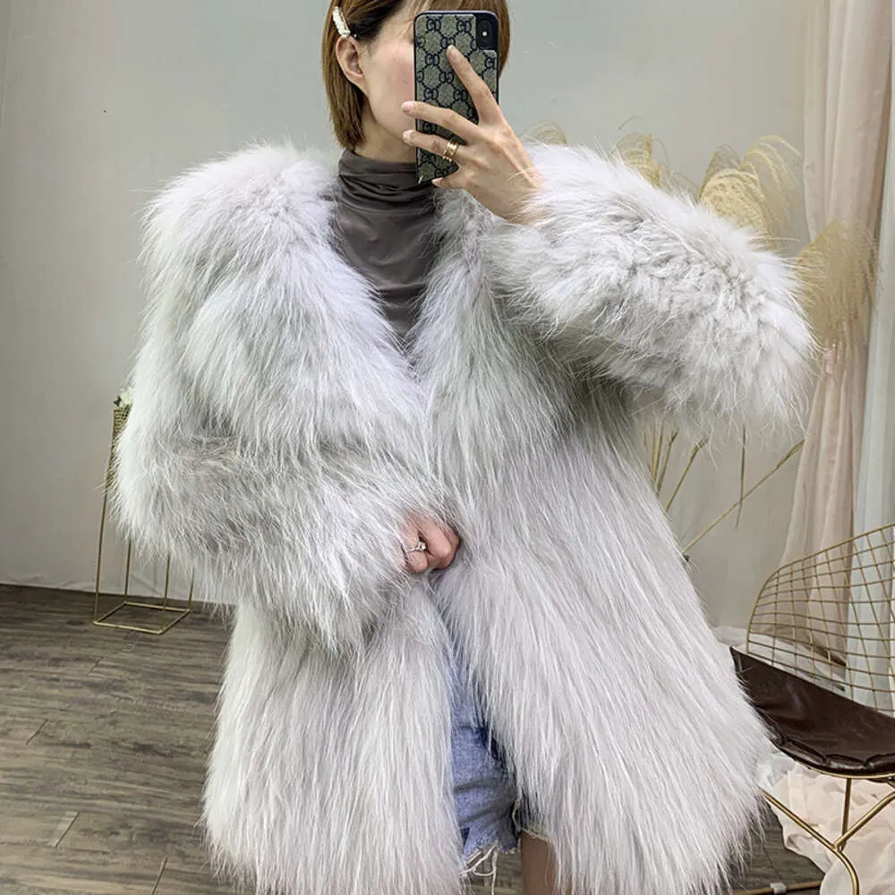 Collar Raccoon Woven Suit Women's Medium Length Fox Fur Coat For Runway Style Slimming 7531