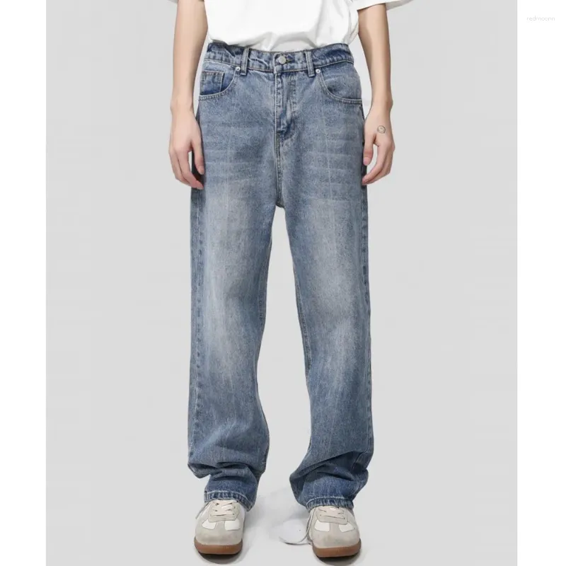 Mäns jeans 2024 Våren Korean Retro Tvätt blixtlås Bomull Lös rak personlighet Casual Elasticated Midje vintage