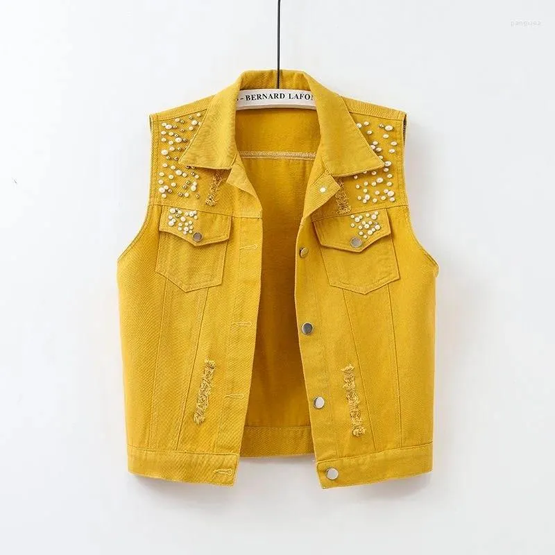 Gilets en Denim pour femmes, couleur unie, décontracté, troué, clouté, veste sans manches, manteau en jean court, vêtements de rue, vêtements d'extérieur pour femmes, automne