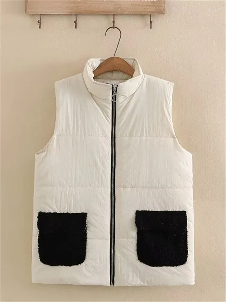 Capispalla Taglie forti Abbigliamento da donna Colletto alla coreana Giacca senza maniche Colori a contrasto Cartone animato con cuciture in peluche Gilet grande