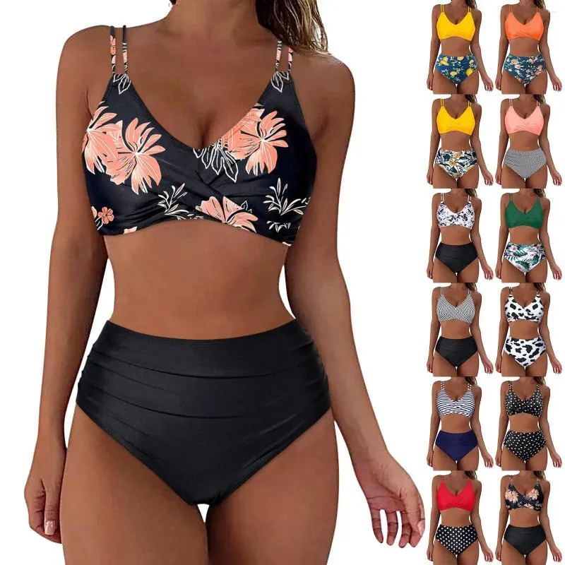 Pantalones de dos piezas para mujer Conjunto de bikini breve de talle alto vintage Traje de baño fruncido Mujeres Push Up Y2k Traje de baño Cubierta de lujo Primavera Verano Playa