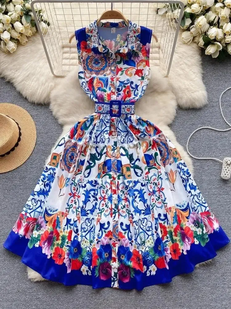 Piste rouge bleu et blanc porcelaine fleur imprimé débardeur sans manches simple boutonnage ceinture Midi plage fête robe 240312